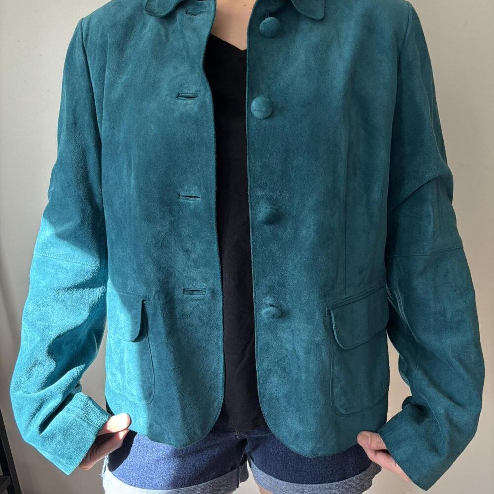 Eclectic Vibrant Teal Suede Mermaidcore Whimsical Button Up Preppy Jacket Medium